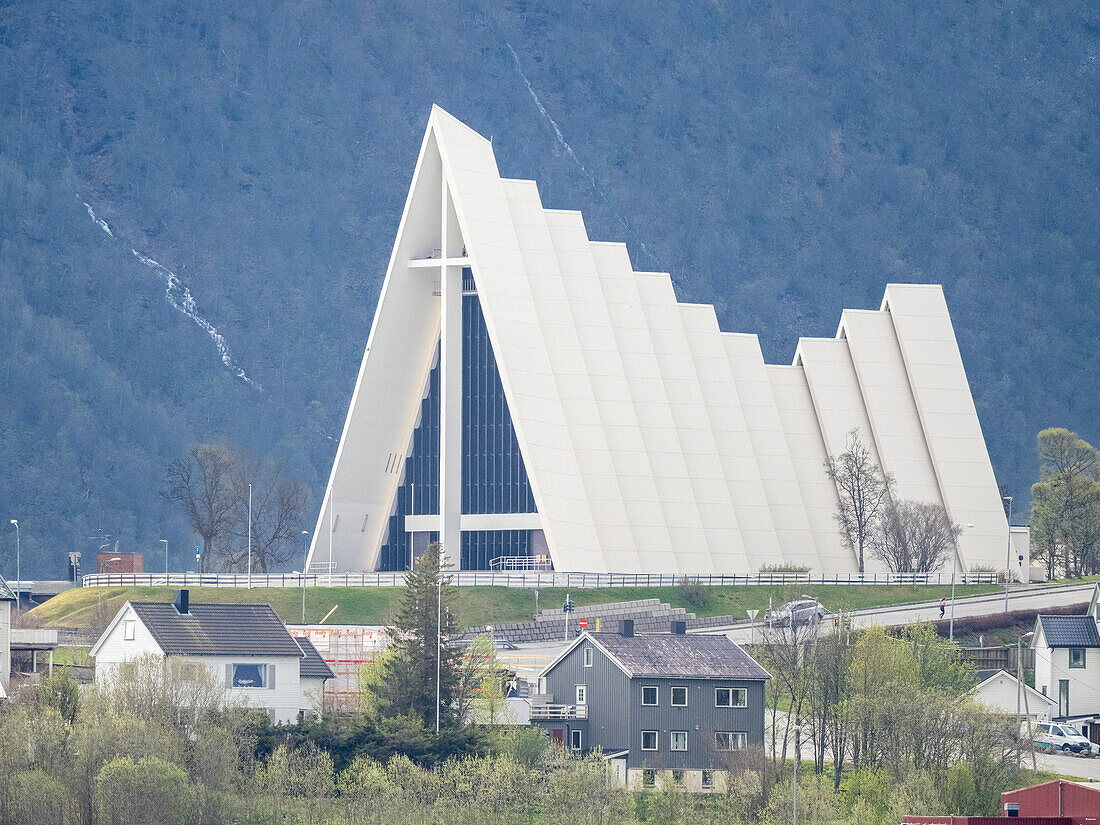 A view of the Arctic Cathedral in the city of Tromso, located 217 miles north of the Arctic Circle, Tromso, Norway, Scandinavia, Europe