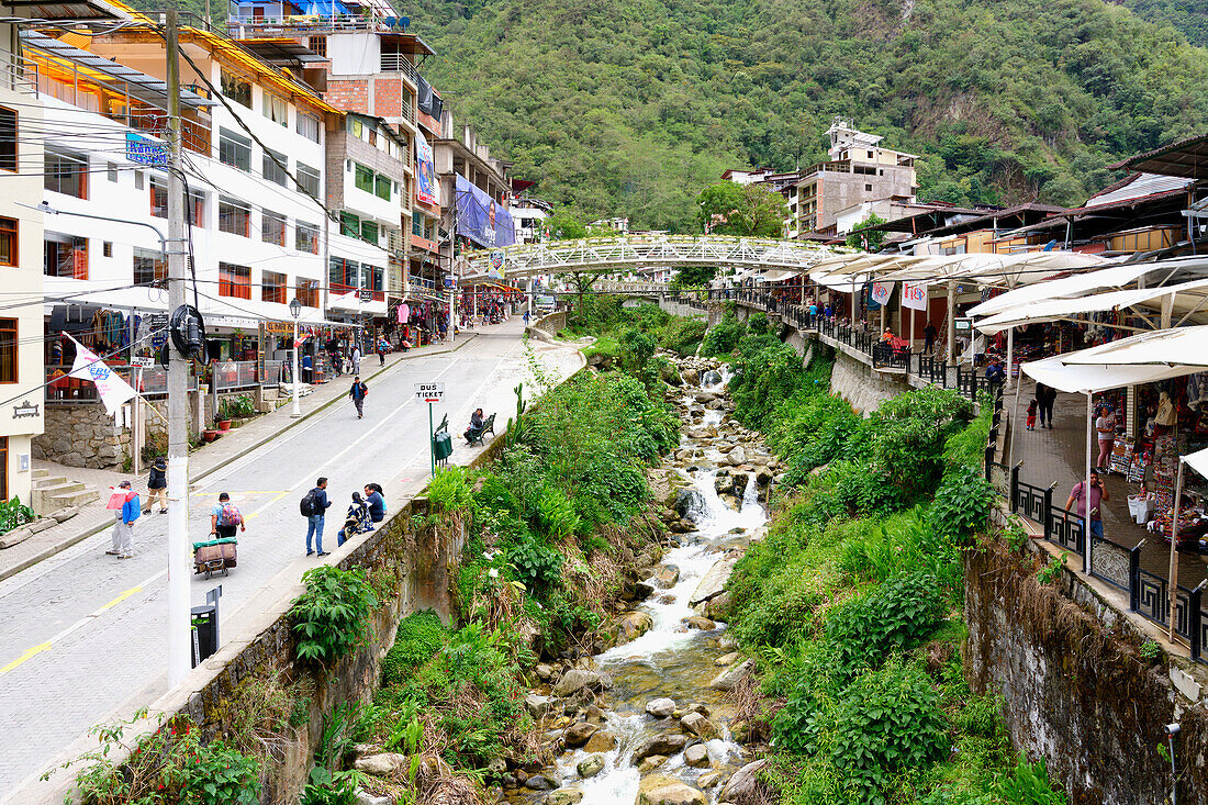 View of Aguas Calientes City at the foot of Machu Picchu, Urubamba province, Cusco, Peru, South America