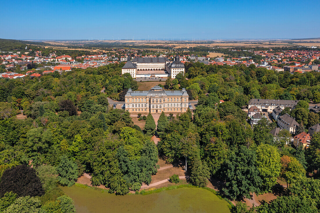 English Garden, Ducal Museum with Friedenstein Castle in the background, Gotha, Thuringian Basin, Thuringia, Germany, Europe