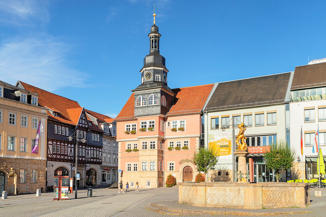 St. Georg fountain and town hall, Eisenach, Thuringian Forest, Thuringia, Germany, Europe