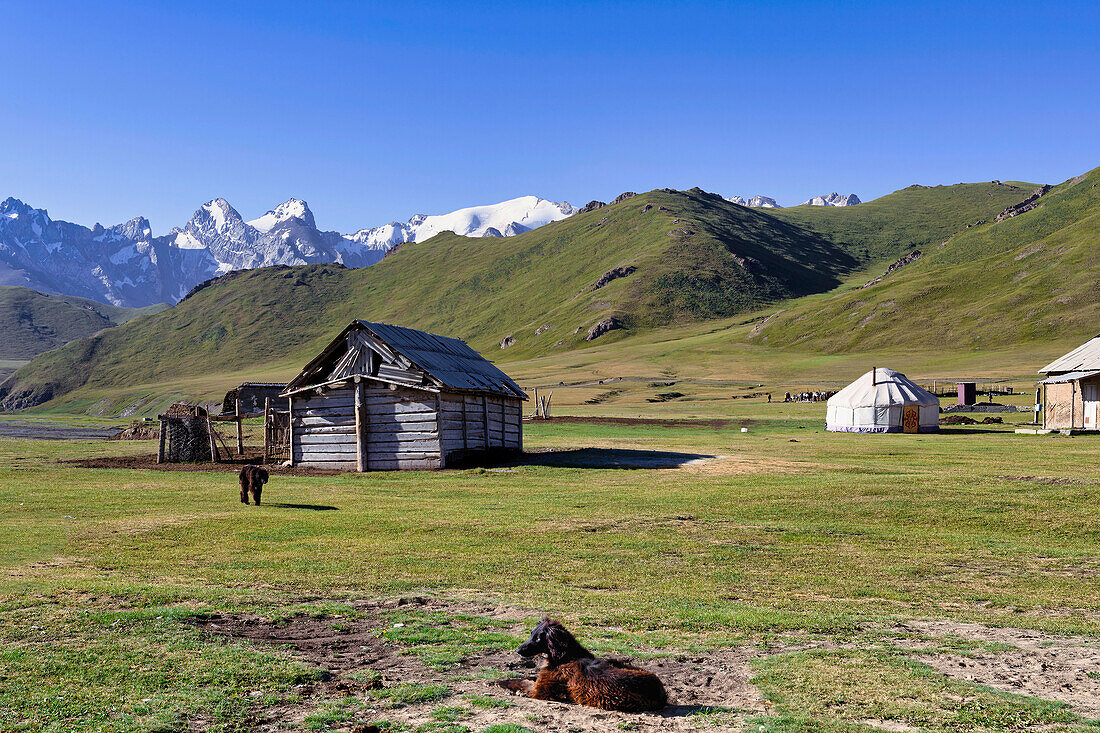 Einsame Holzhütte in der Nähe des alpinen Kol-Suu (Kel-Suu)-Sees, Kurumduk-Tal, Provinz Naryn, Kirgisistan, Zentralasien, Asien