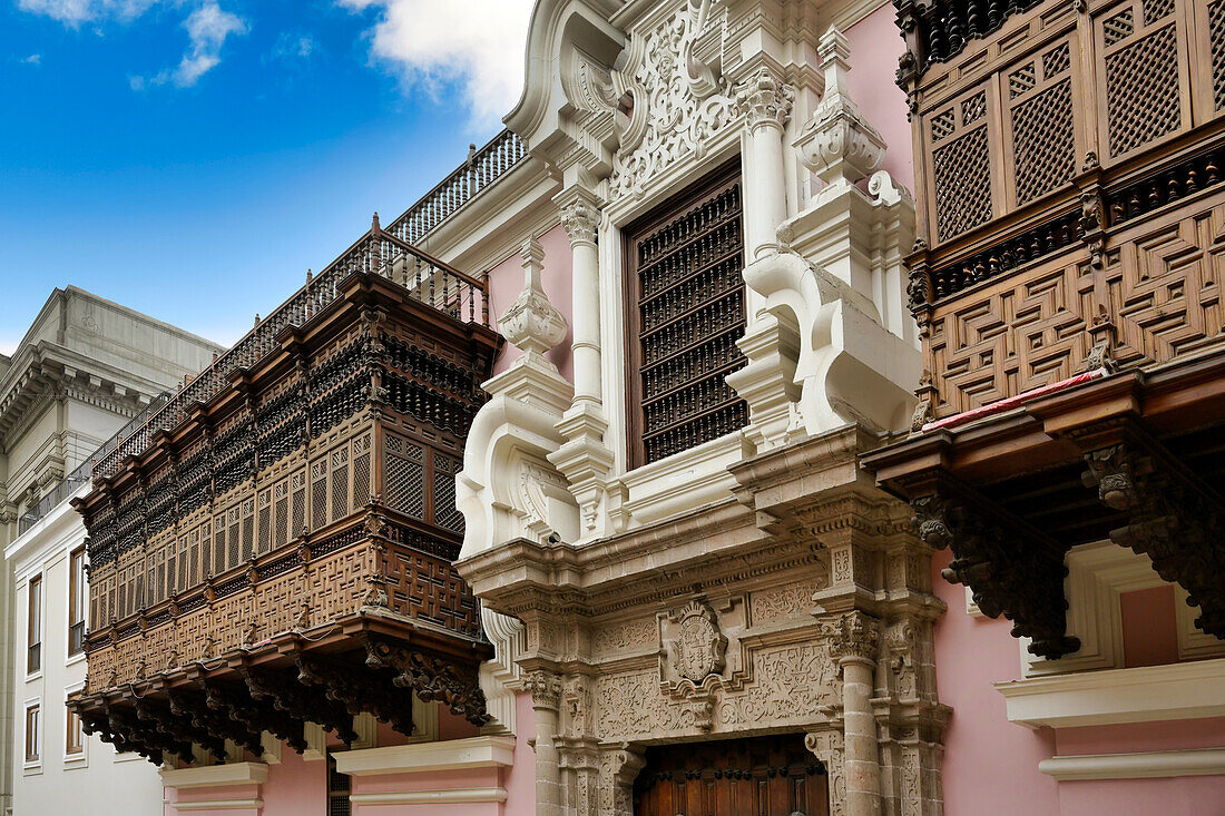 Facade and balconies, Archbishop's Palace, Lima, Peru, South America