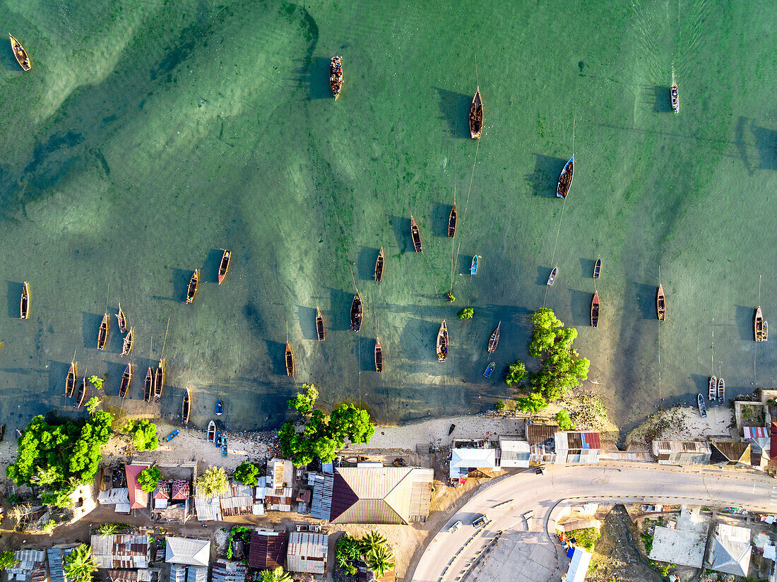 Aerial view of boats moored in the exotic lagoon, Mkokotoni, Zanzibar, Tanzania, East Africa, Africa