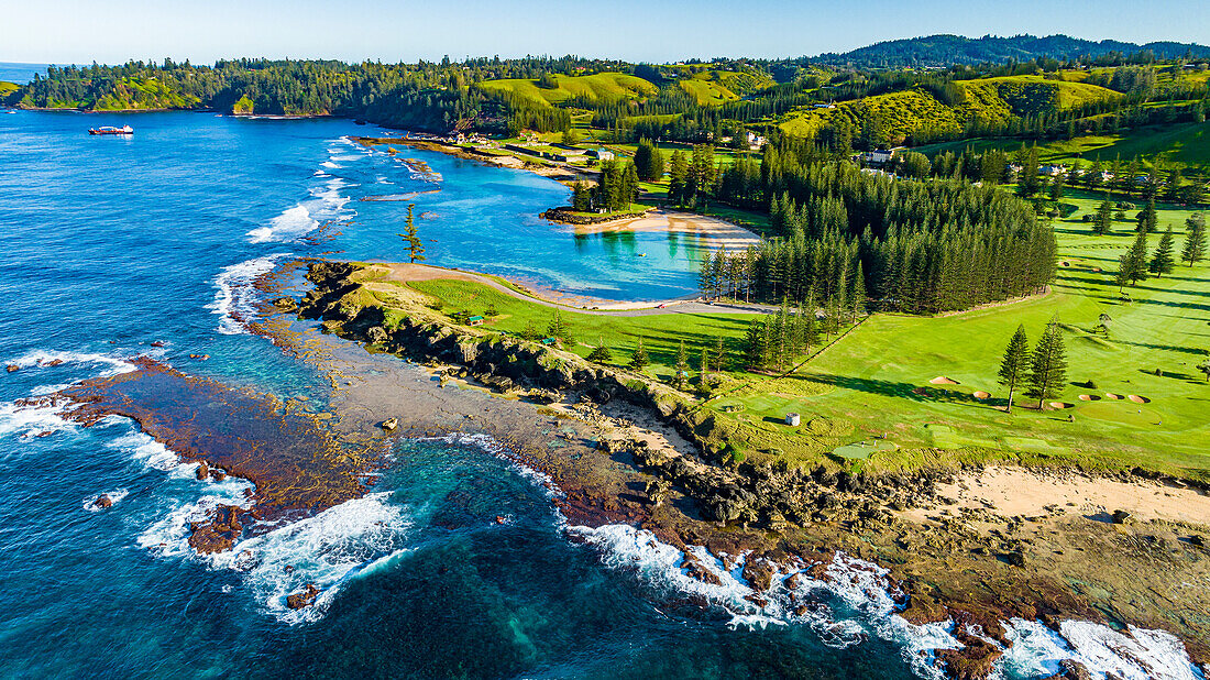 Aerial of Emily Bay, UNESCO World Heritage Site, Norfolk island, Australia