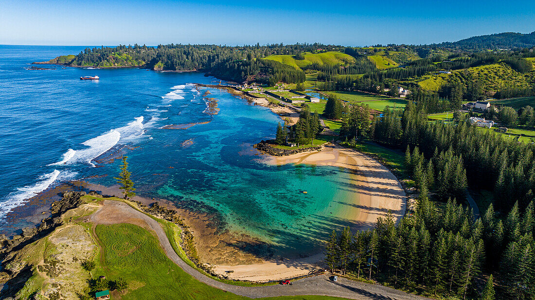 Aerial of Emily Bay, UNESCO World Heritage Site, Norfolk island, Australia, Pacific