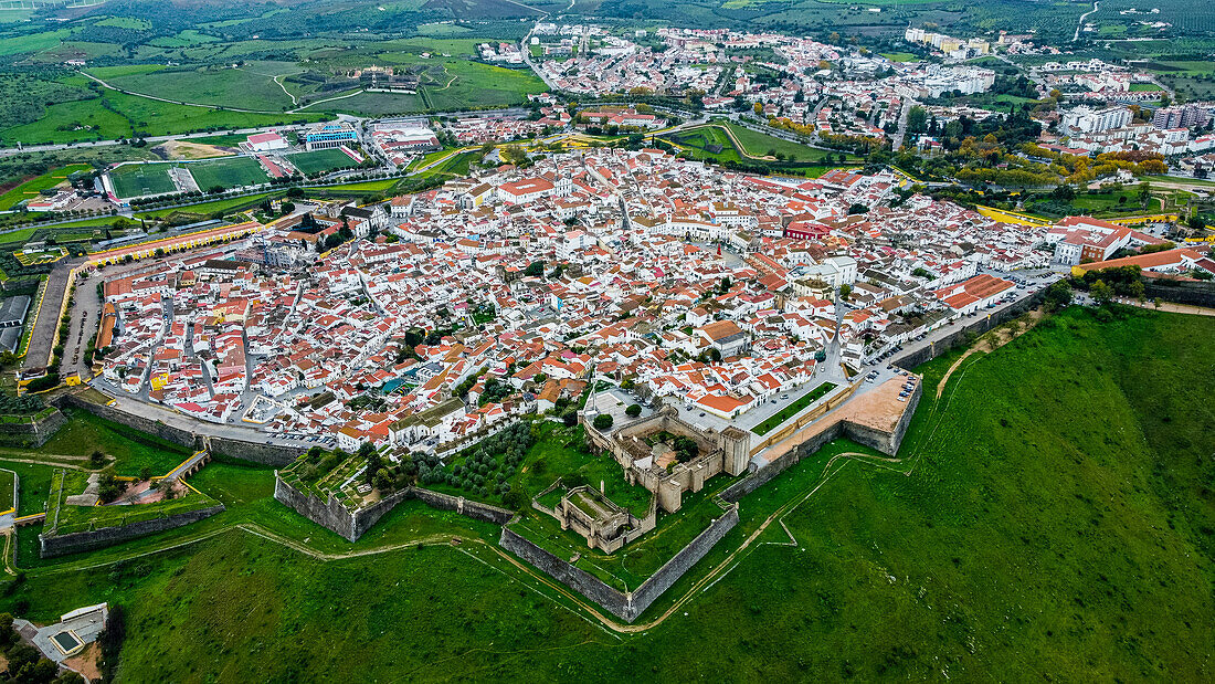 Aerial of Elvas, UNESCO World Heritage Site, Alentejo, Portugal, Europe