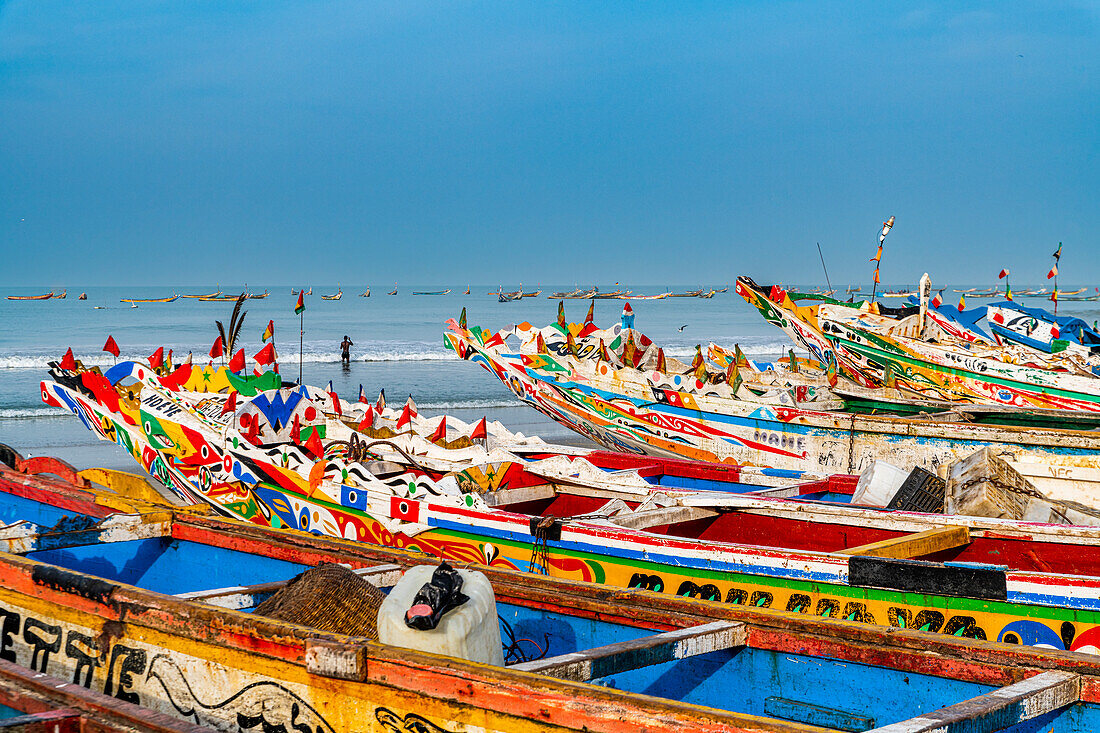 Colourful fishing boats, Cap Skirring, Casamance, Senegal, West Africa, Africa
