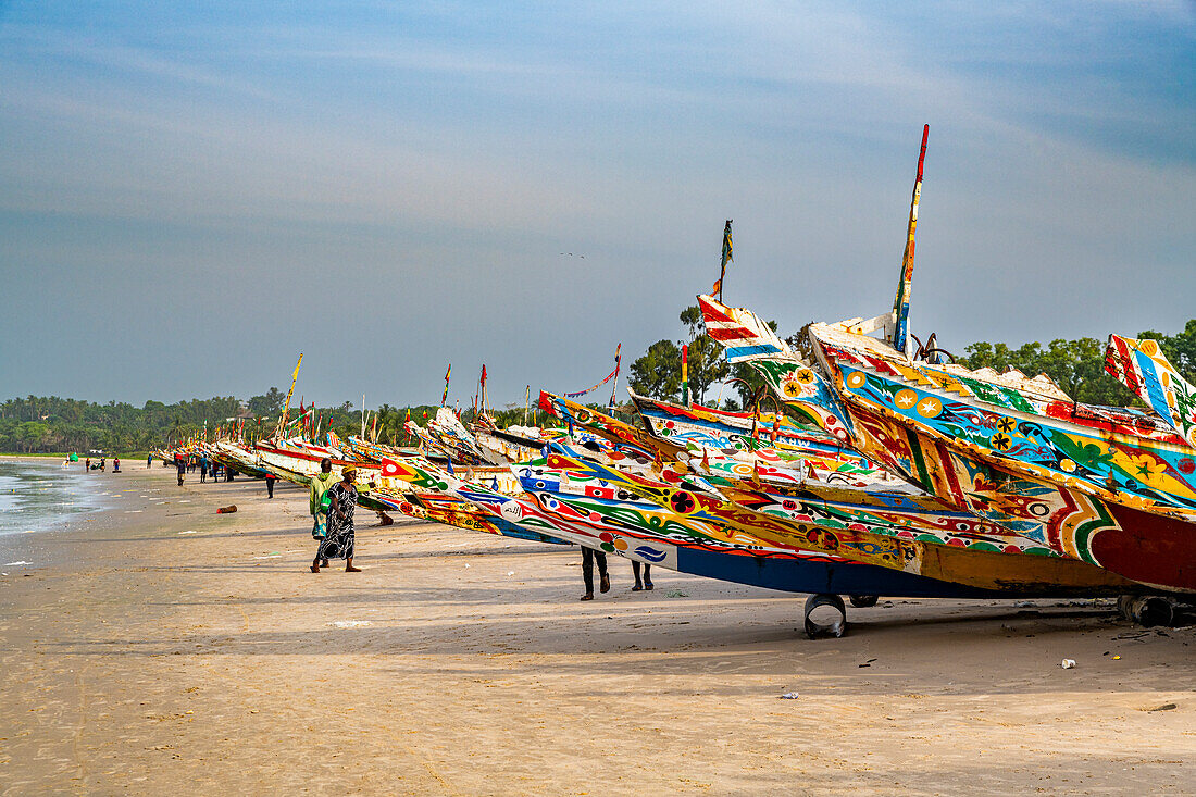 Colourful fishing boats, Cap Skirring, Casamance, Senegal, West Africa, Africa