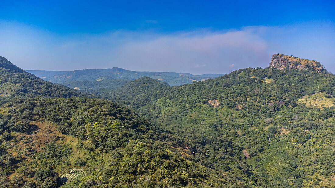 Aerial of the forested mountains near Mamou, Futa Djallon, Guinea, West Africa, Africa