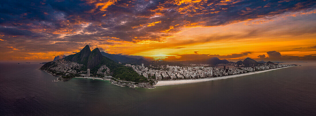 Aerial of Leblon beach, with Two Brothers Peak, Rio de Janeiro, Brazil, South America