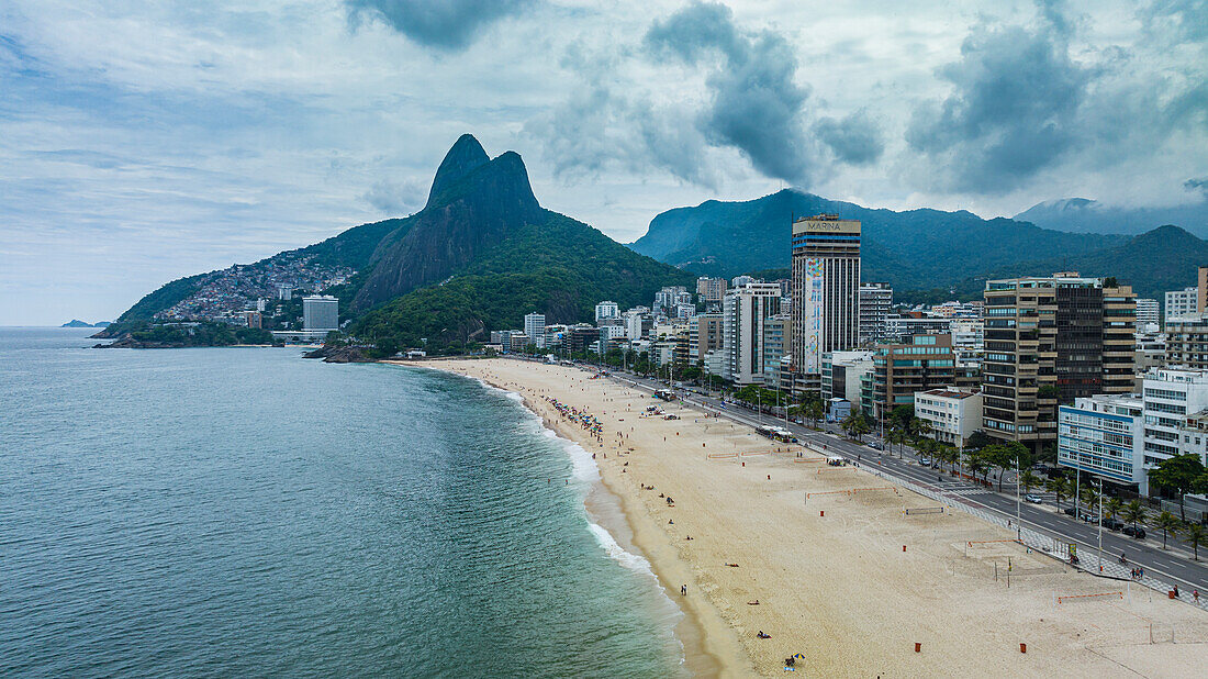 Aerial of Leblon beach, with Two Brothers Peak, Rio de Janeiro, Brazil, South America