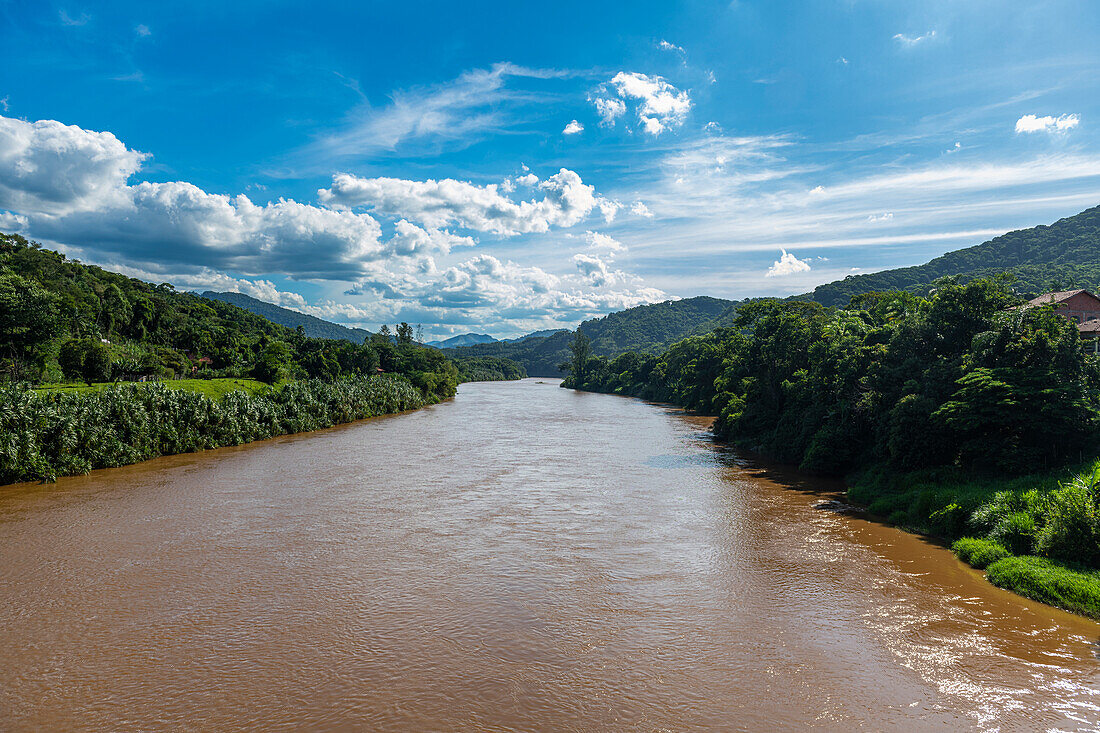 Iguape River flowing through Iporanga, Sao Paulo State, Brazil, South America