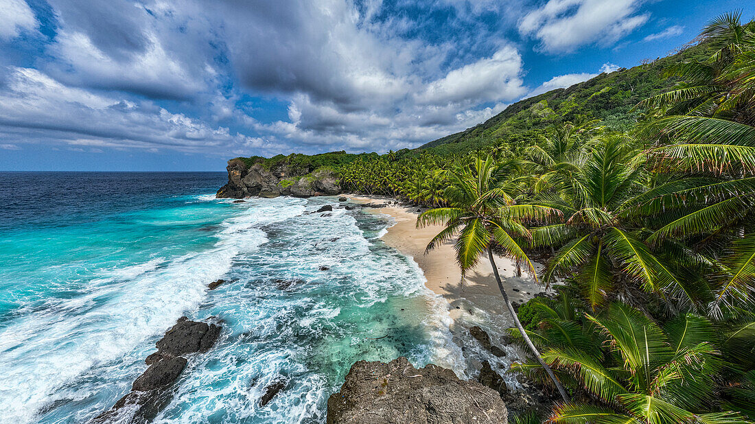 Aerial of Dolly beach, Christmas Island, Australian Indian Ocean Territory, Australia, Indian Ocean