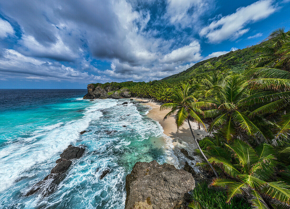 Panoramic aerial of Dolly beach, Christmas Island, Australian Indian Ocean Territory, Australia, Indian Ocean