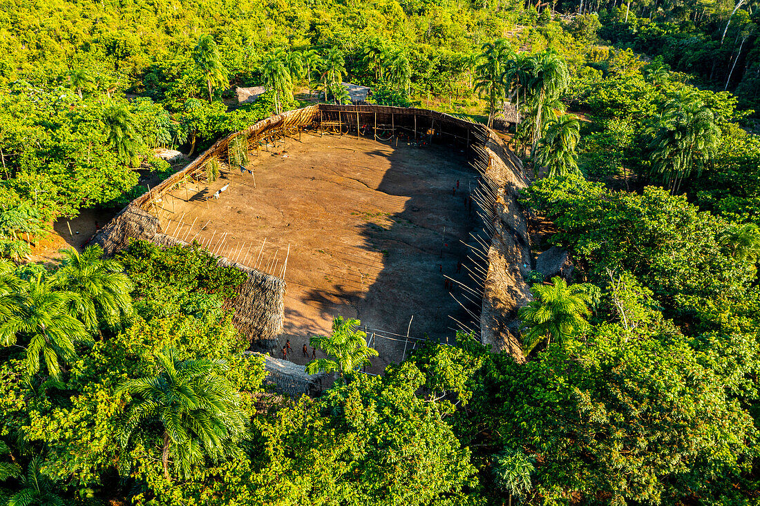 Aerial of a shabono (yanos), the traditional communal dwellings of the Yanomami tribes of Southern Venezuela, Venezuela, South America