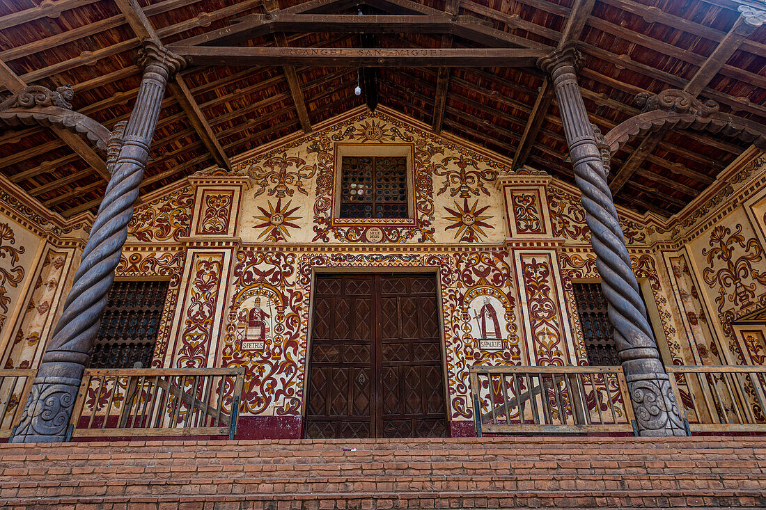 Painted front of the San Miguel de Velasco Mission, Jesuit Missions of Chiquitos, UNESCO World Heritage Site, Santa Cruz department, Bolivia, South America