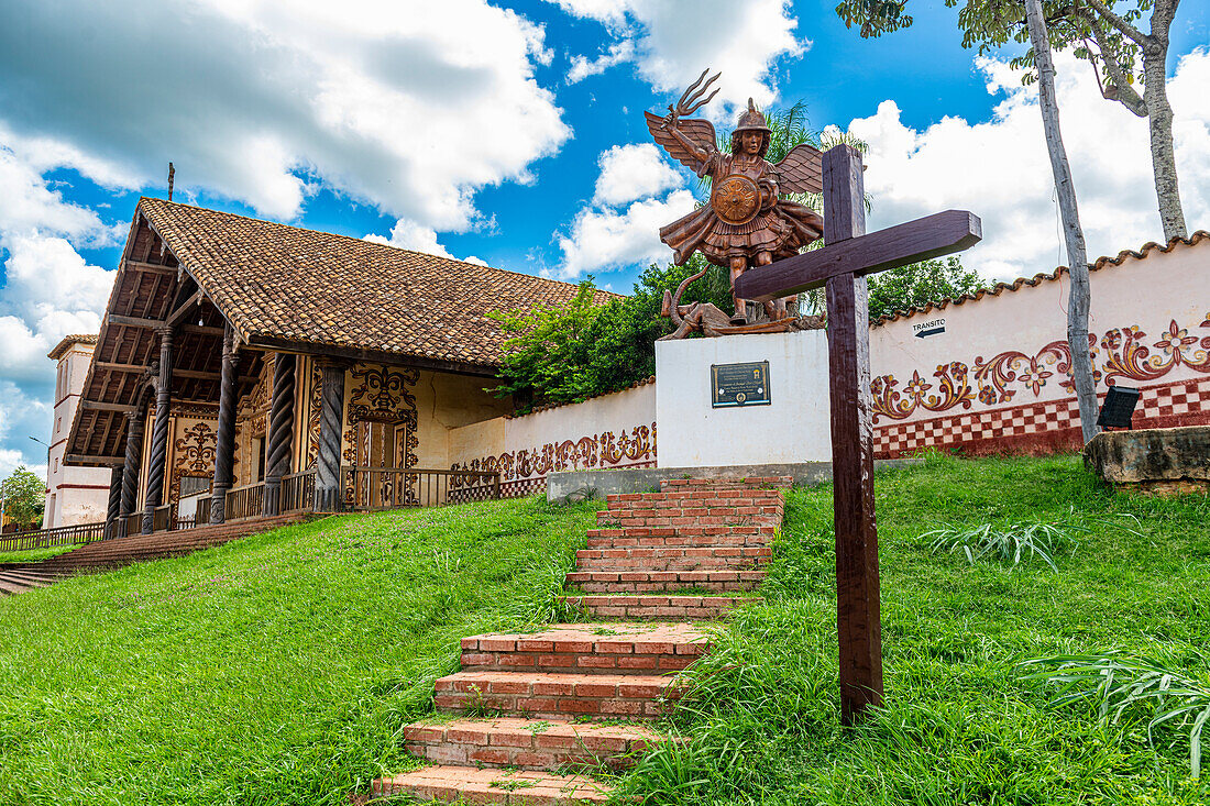 Painted front of the San Miguel de Velasco Mission, Jesuit Missions of Chiquitos, UNESCO World Heritage Site, Santa Cruz department, Bolivia, South America