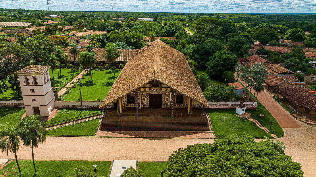 Aerial of the San Miguel Mission, Jesuit Missions of Chiquitos, UNESCO World Heritage Site, Santa Cruz department, Bolivia, South America