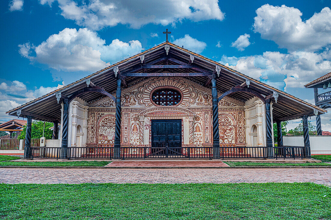 Painted front portal, San Rafael de Velasco Mission, Jesuit Missions of Chiquitos, UNESCO World Heritage Site, Santa Cruz department, Bolivia, South America