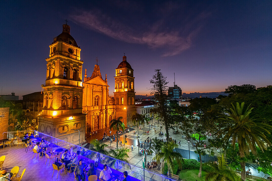 Cathedral Basilica of St. Lawrence at nighttime, Santa Cruz de la Sierra, Bolivia, South America