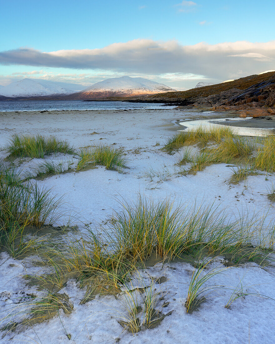 Luskentyre Beach on a snow covered winter's morning, Isle of Harris, Outer Hebrides, Scotland, United Kingdom, Europe