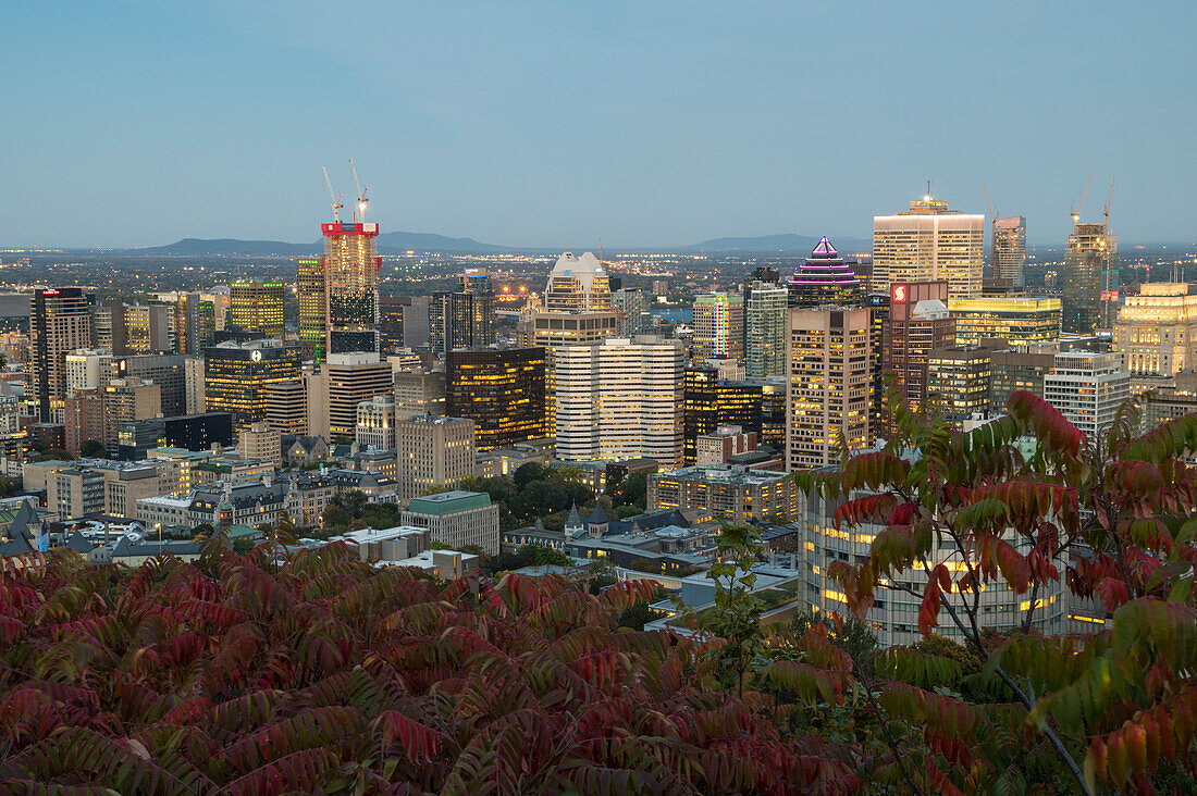 Blick auf die Skyline von Montreal vom Mont Royal Park im Herbst bei Sonnenuntergang, Montreal, Québec, Kanada, Nordamerika