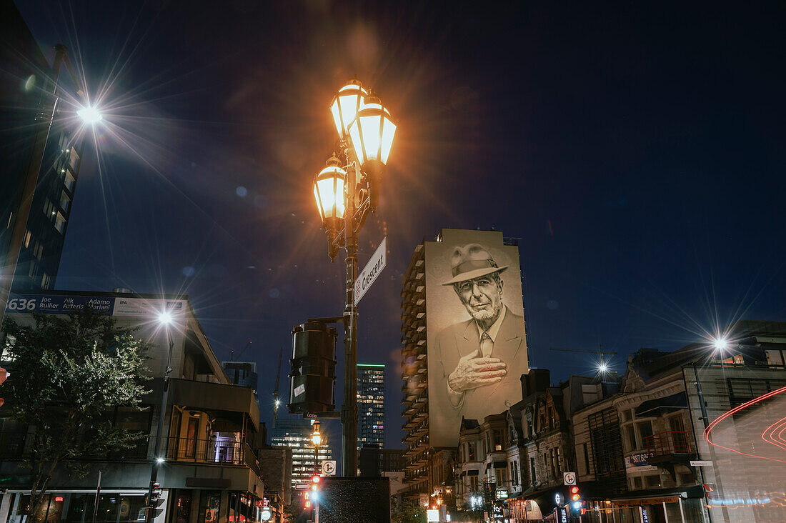 Leonard Cohen Mural at night, Downtown Montreal, Quebec, Canada, North America