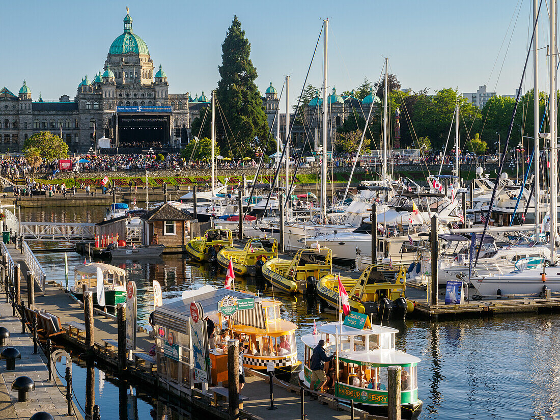 Moored boats and little water taxis in the Inner Harbor, Victoria, Vancouver Island, British Columbia, Canada, North America
