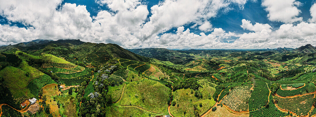 High perspective aerial view of hilly countryside of Minas Gerais, famous for its coffee production, Brazil, South America