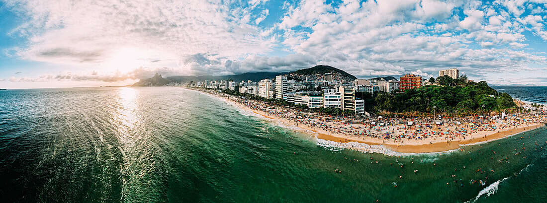 Aerial drone panorama of Ipanema beach, Rio de Janeiro, Brazil, South America