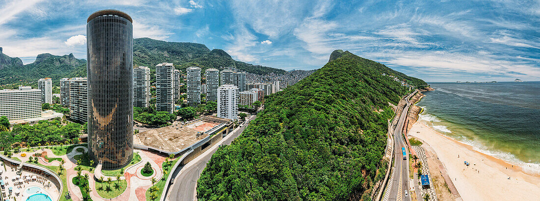 Aerial panoramic view of Sao Conrado neighbourhood with iconic Hotel Nacional on the left designed by Oscar Niemeyer, Rio de Janeiro, Brazil, South America