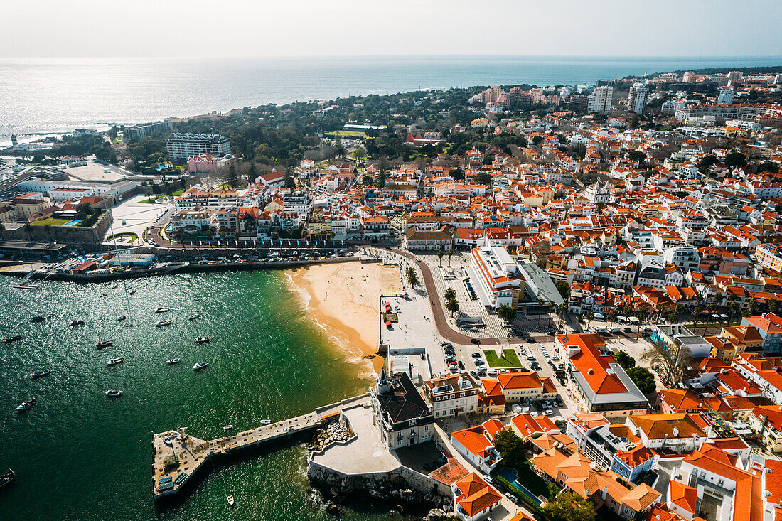 Aerial drone view of Cascais historic centre with the iconic Bay, 30km west of Lisbon on the Portuguese Riviera, Cascais, Portugal, Europe