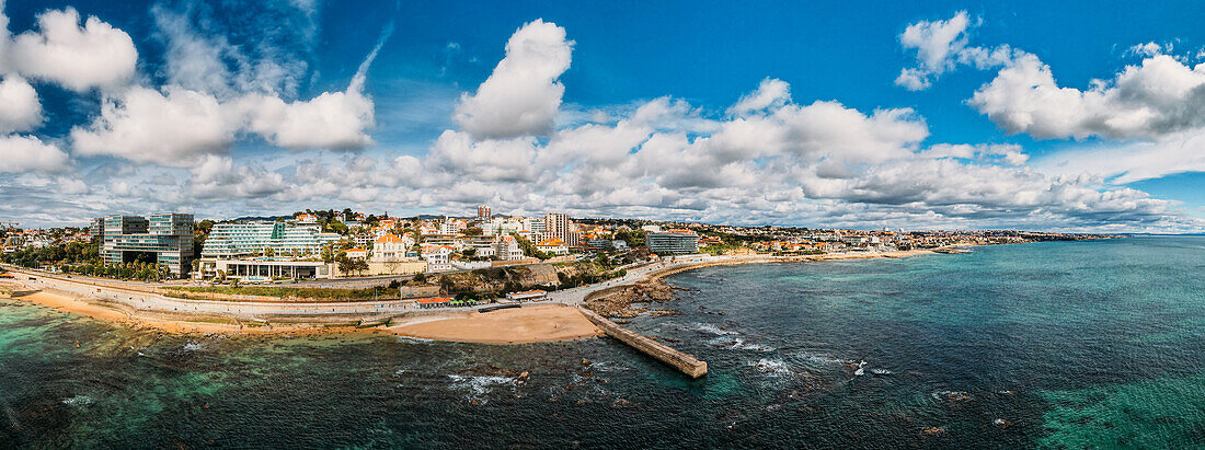 Aerial drone panoramic view of promenade in Cascais, on the Portuguese Riveira 30km west of Lisbon, with Estoril visible on the far right, Cascais, Portugal, Europe