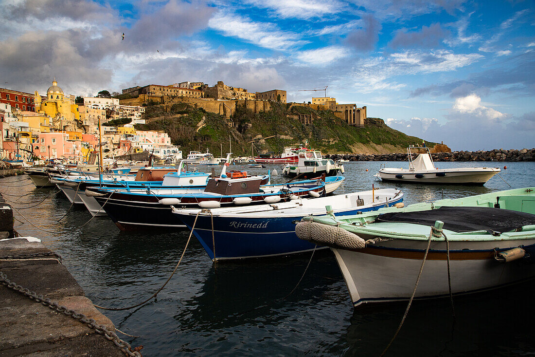 Beautiful Italian island of Procida, famous for its colorful marina, tiny narrow streets and many beaches, Procida, Flegrean Islands, Campania, Italy, Europe