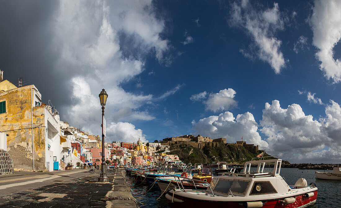 Beautiful Italian island of Procida famous for its colorful marina, tiny narrow streets and many beaches, Procida, Flegrean Islands, Campania, Italy, Europe