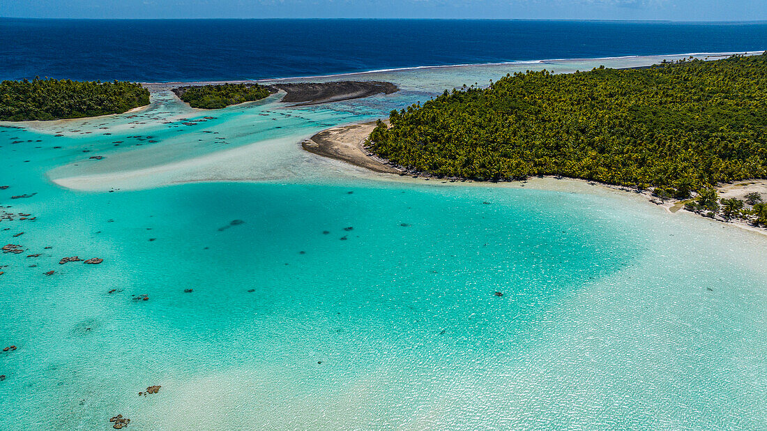 Aerial of the Blue Lagoon, Rangiroa atoll, Tuamotus, French Polynesia, South Pacific, Pacific