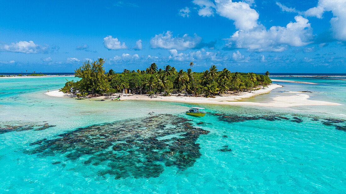 Aerial of the Blue Lagoon, Rangiroa atoll, Tuamotus, French Polynesia, South Pacific, Pacific