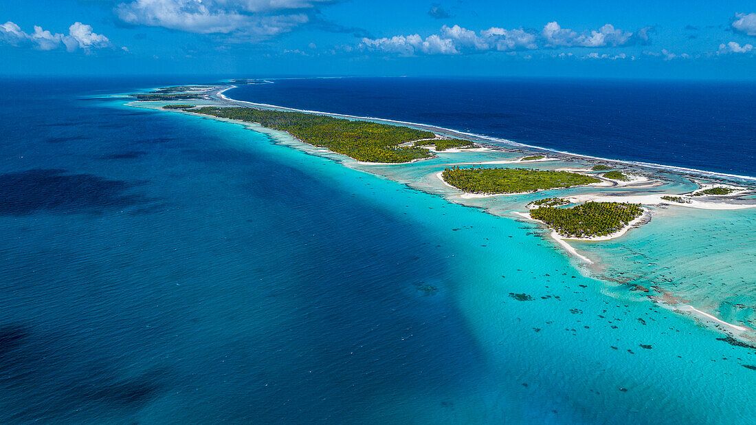 Aerial of the Ile aux Recifs, Rangiroa atoll, Tuamotus, French Polynesia, South Pacific, Pacific
