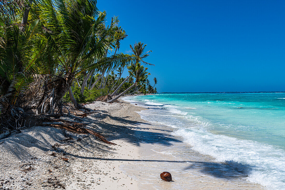 Weißer Sandstrand PK-9, Fakarava, Tuamotu-Archipel, Französisch-Polynesien, Südpazifik, Pazifik