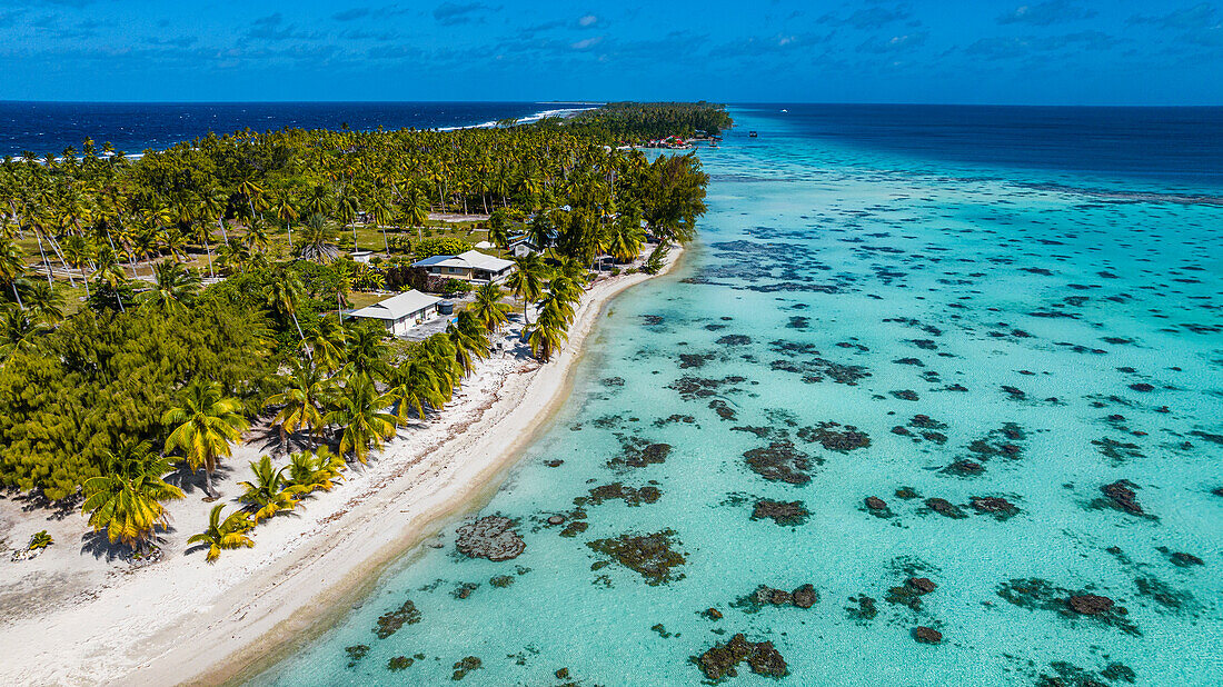 Aerial of the lagoon of Fakarava, Tuamotu archipelago, French Polynesia, South Pacific, Pacific