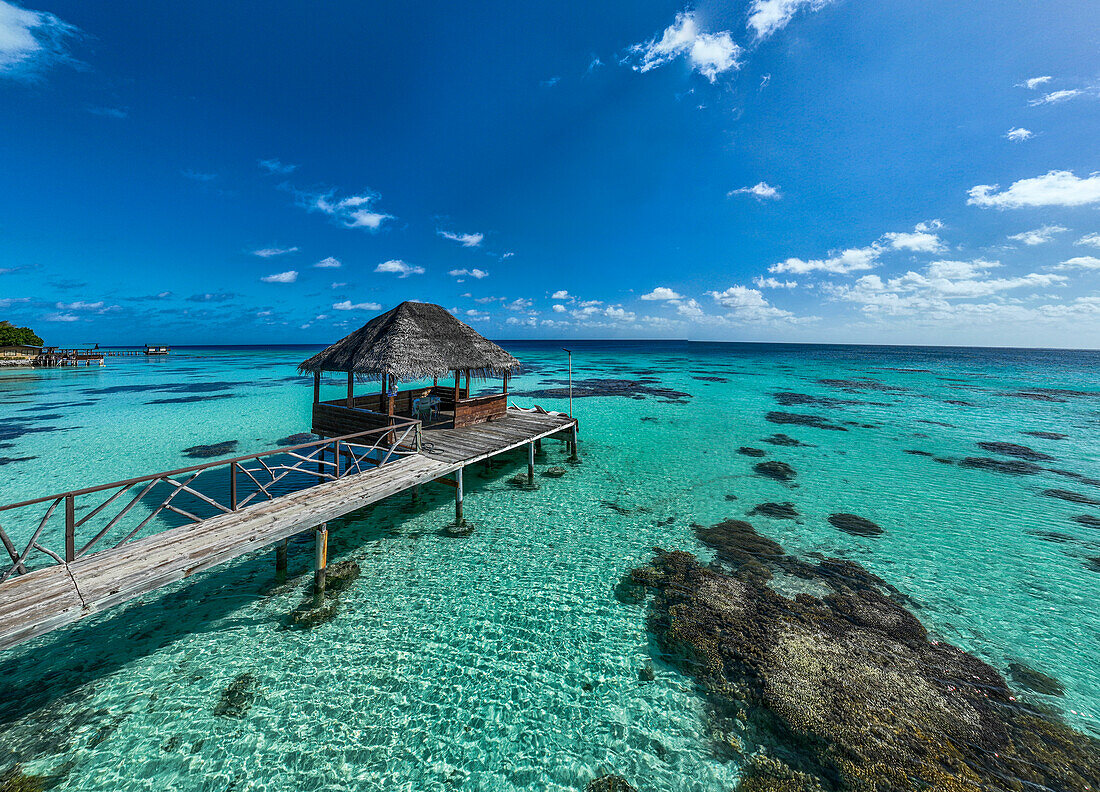 Aerial of sundeck over the lagoon of Fakarava, Tuamotu archipelago, French Polynesia, South Pacific, Pacific