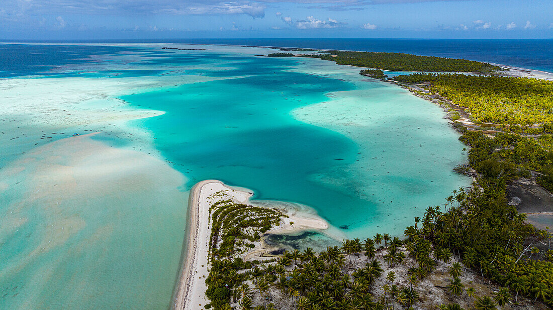 Aerial of the green lagoon, Fakarava, Tuamotu archipelago, French Polynesia, South Pacific, Pacific