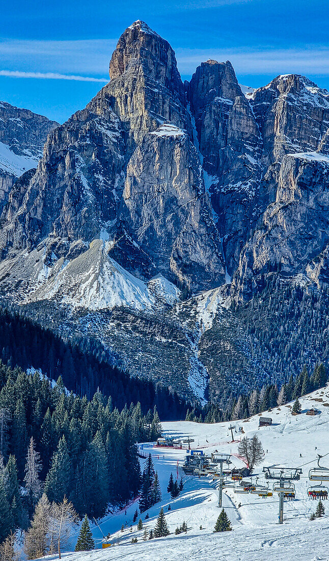 Sassongher mountain above Corvara, Dolomites National Park, UNESCO World Heritage Site, South Tyrol, Italy, Europe