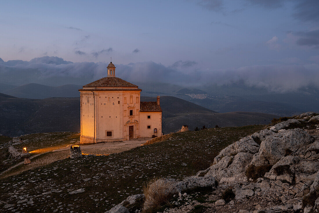 Santa Maria della Pieta church at sunset, Calascio, L'Aquila, Abruzzo, Italy, Europe