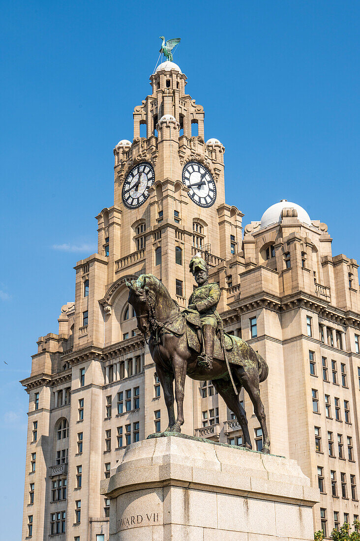 Statue von Edward V11 und das Hafengebäude von Liverpool, Waterfront, Pier Head, Liverpool, Merseyside, England, Vereinigtes Königreich, Europa