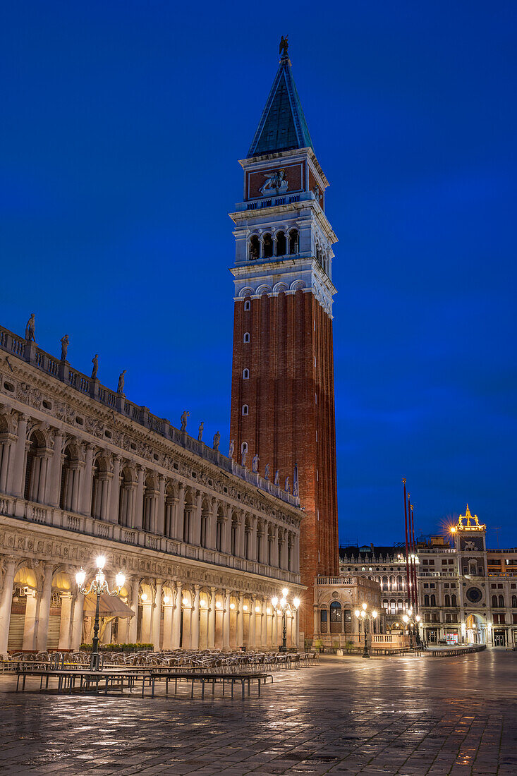 Campanile bell tower at night, San Marco, Venice, UNESCO World Heritage Site, Veneto, Italy, Europe