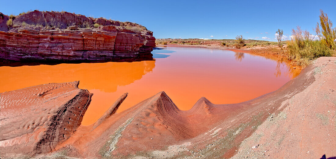 Das rote Wasser von Lithodendron Wash, rot von Bentonit-Ton, im Petrified Forest National Park, Arizona, Vereinigte Staaten von Amerika, Nordamerika