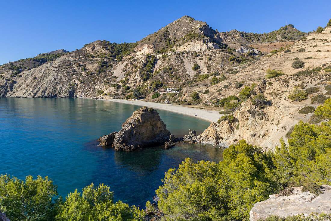 Elevated view over the Cala del Canuelo beach, Maro Cerro Gordo Cliffs Nature Reserve, Andalusia, Spain, Europe