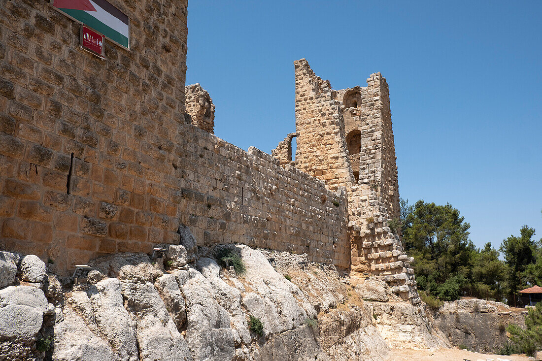 The ruined tower and wall of the Muslim Ajlun Castle, Jordan, Middle East
