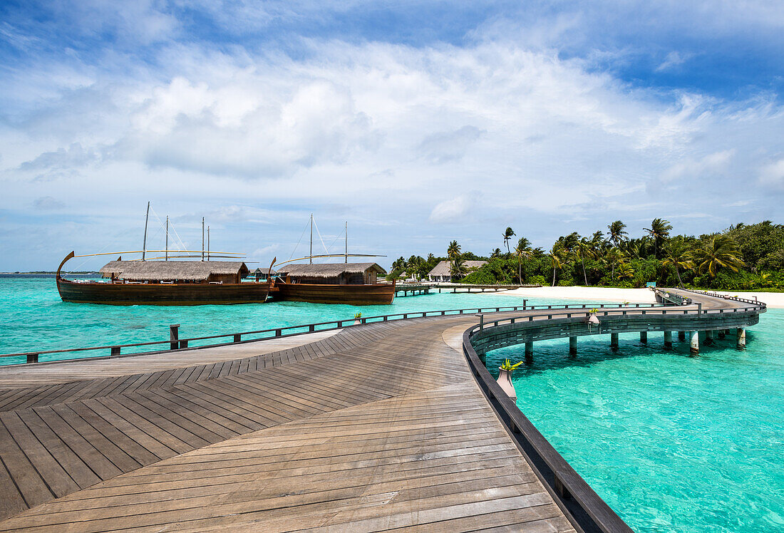 A wooden jetty, Baa Atoll, Maldives, Indian Ocean, Asia